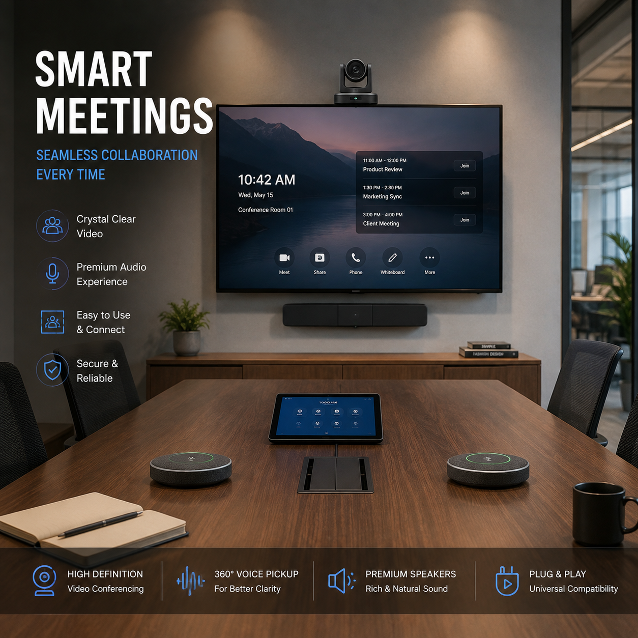Meeting room video conferencing hardware