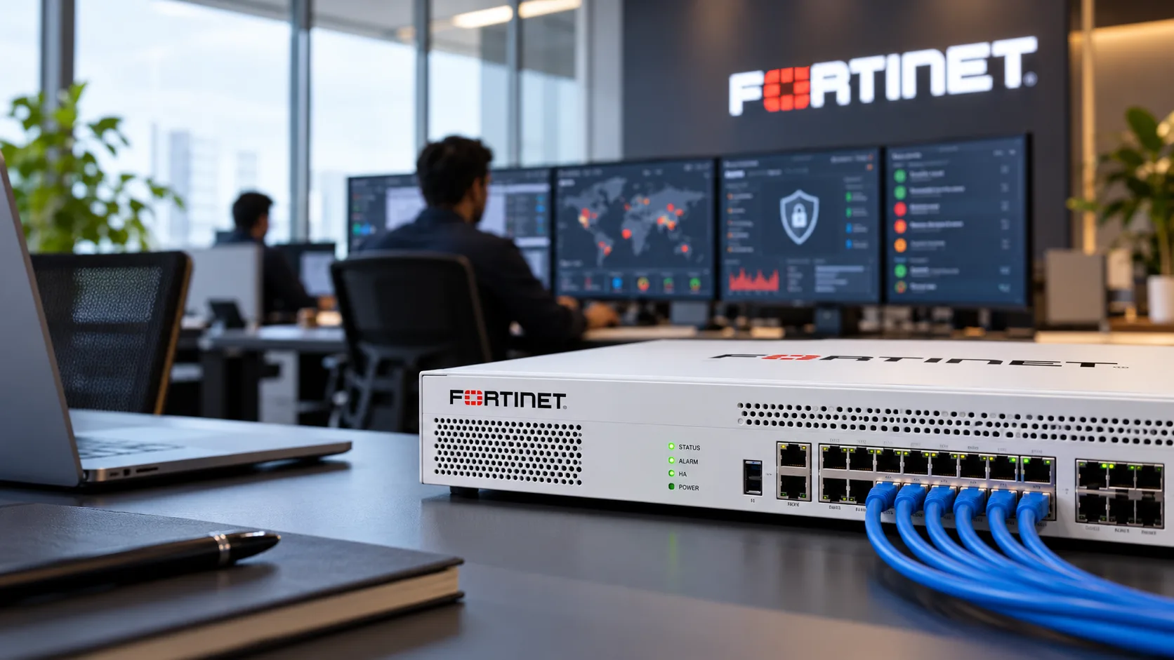 A Fortinet firewall appliance on a desk in front of a security operations team