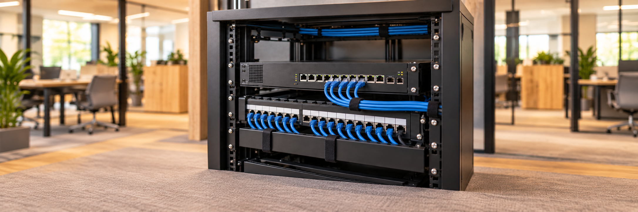 A compact firewall in an office network cabinet.