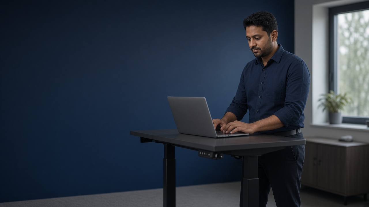 A person working on a laptop at a standing desk in an office