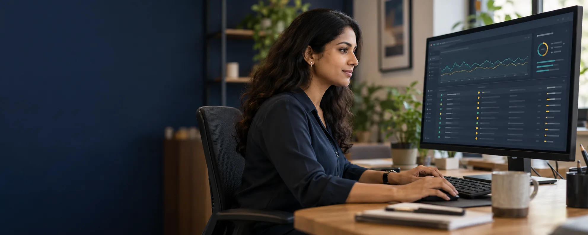 An IT specialist reviewing a security dashboard at her desk