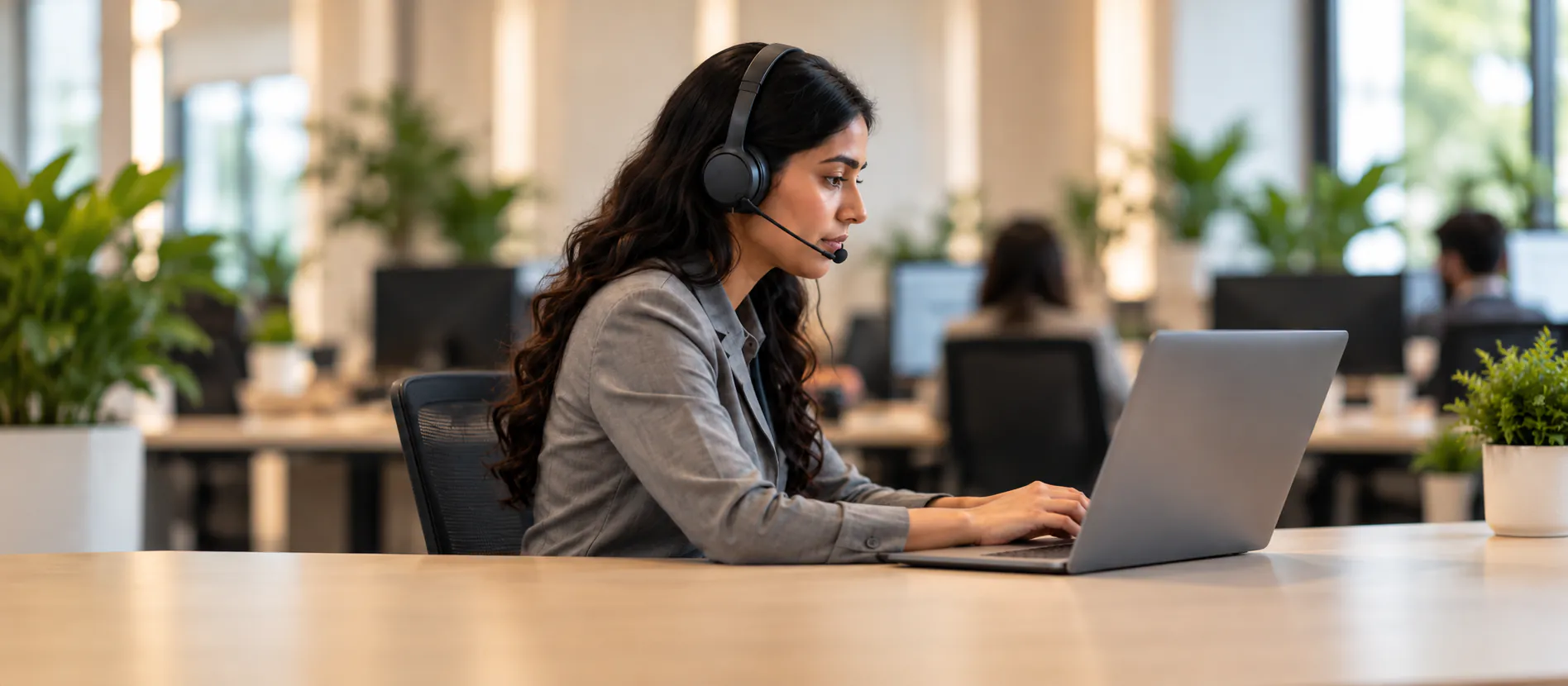 A person on a headset call at a desk.