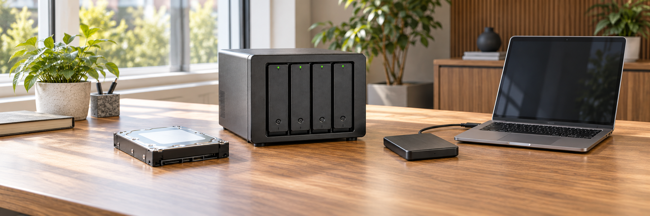 A four-bay NAS on a wooden desk, with a drive and a portable drive beside it.