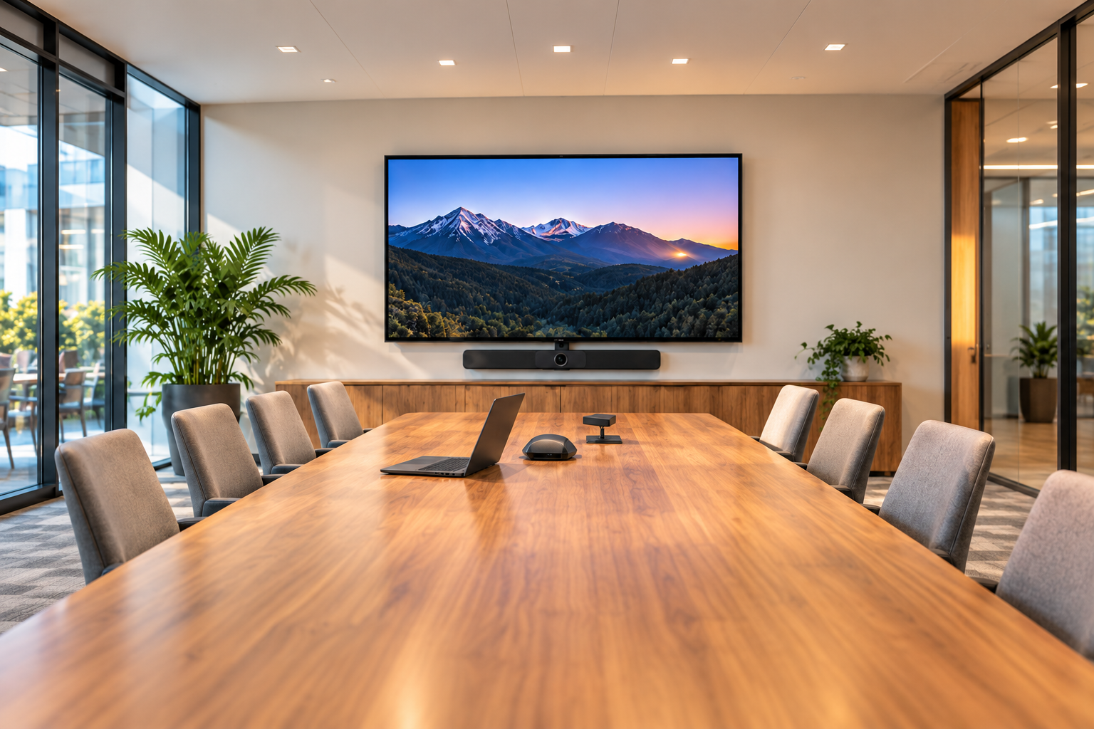 A meeting room with a wall display, a soundbar beneath it, and a conference table.