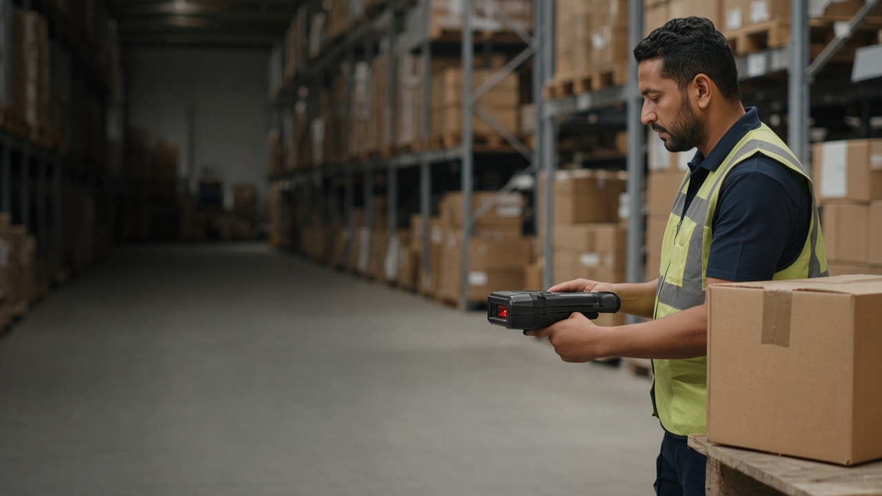 A warehouse associate scanning stock with a handheld computer