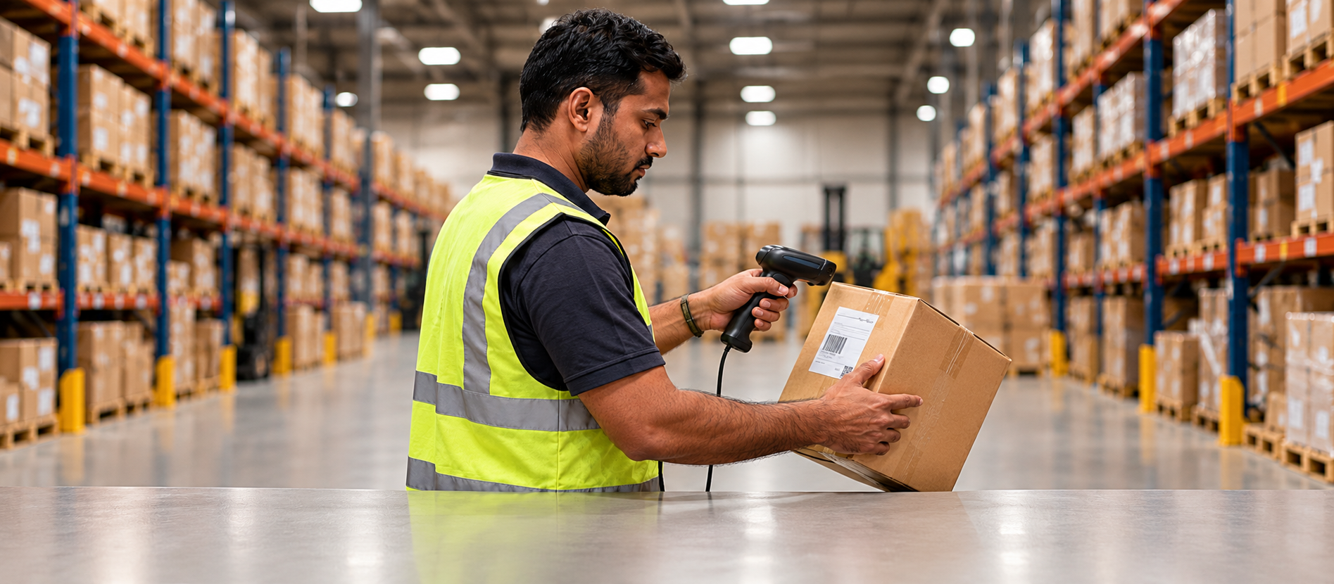 A warehouse employee scanning a barcode on a box.