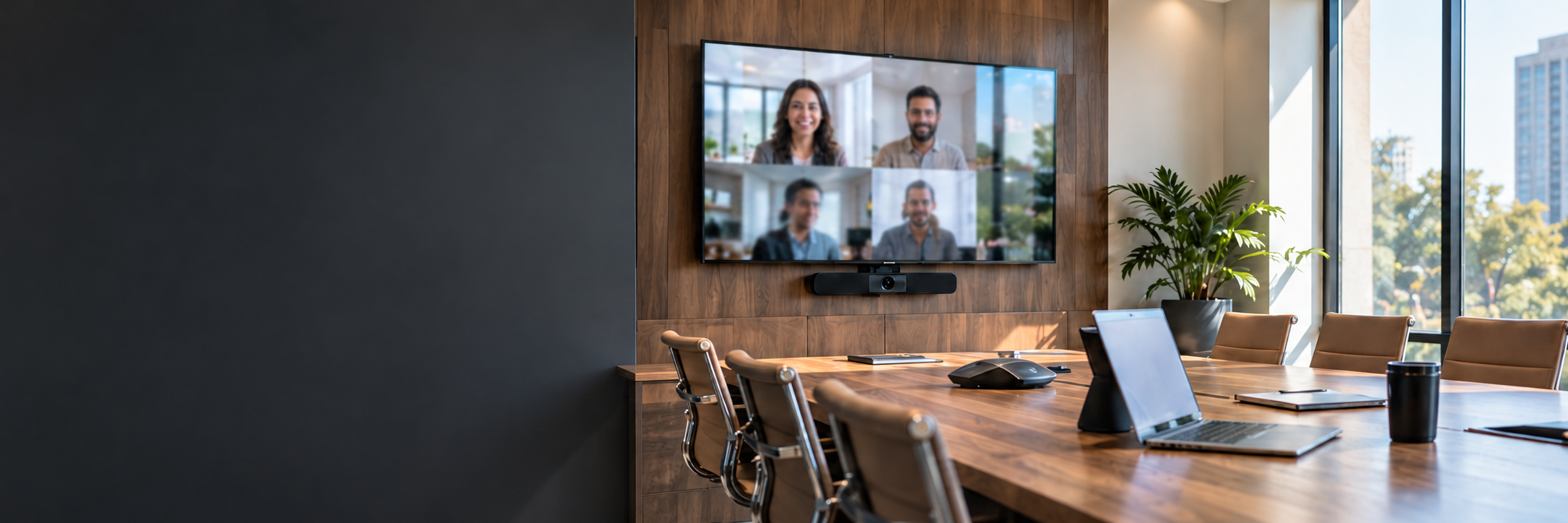 A meeting room with a video call on the wall display, a soundbar beneath it, and a conference table.